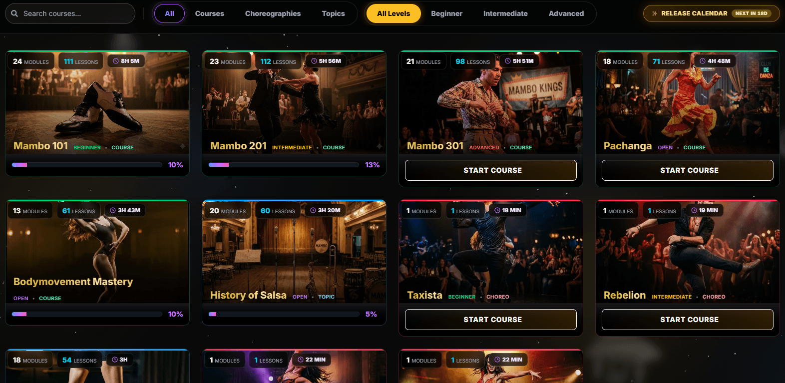 Catalogo corsi con lezioni, coreografie e approfondimenti tematici