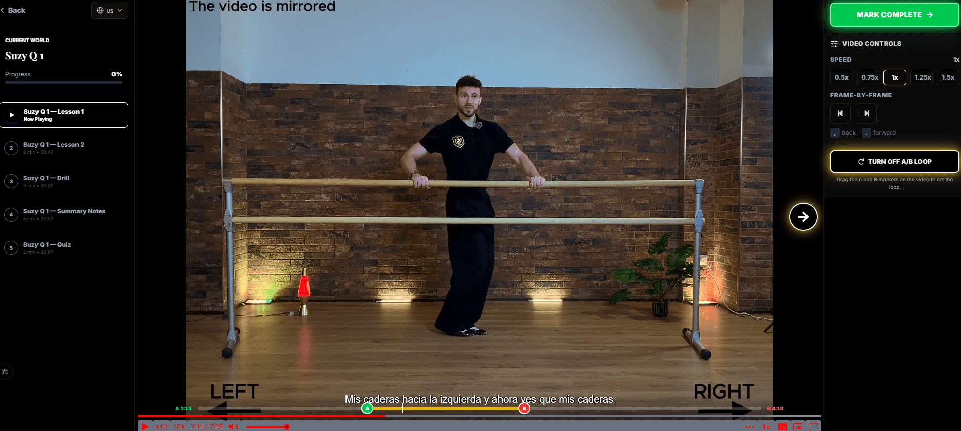 Lesson player in mirrored view with speed, captions and A/B loop controls