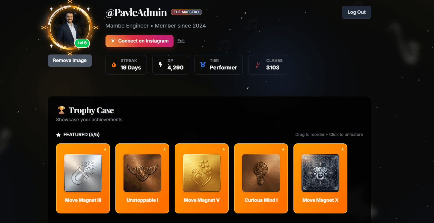 Profile page showing streak, XP, tier, claves and trophy case